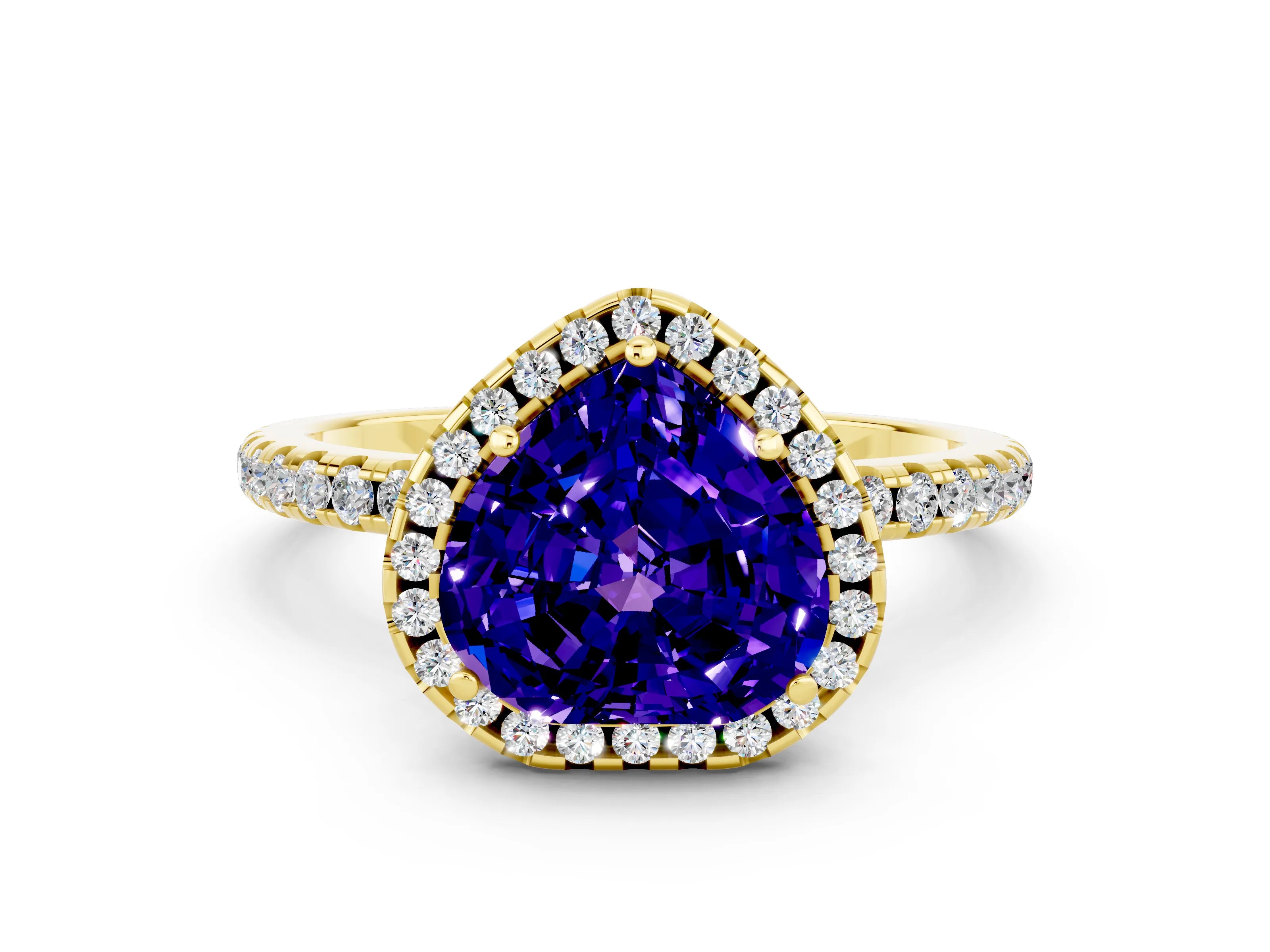 Yellow gold Heart Cut Halo Round Diamond Pavé Band Four-Prong Ring