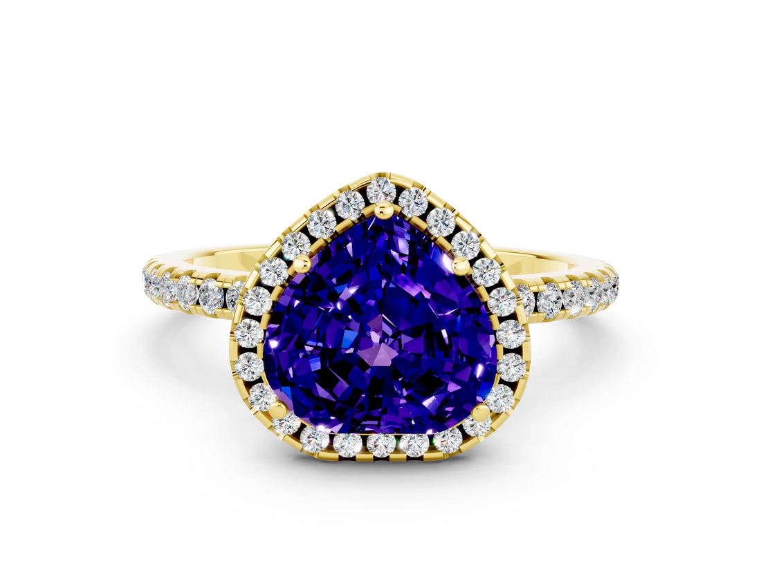 Yellow gold Heart Cut Halo Round Diamond Pavé Band Four-Prong Ring