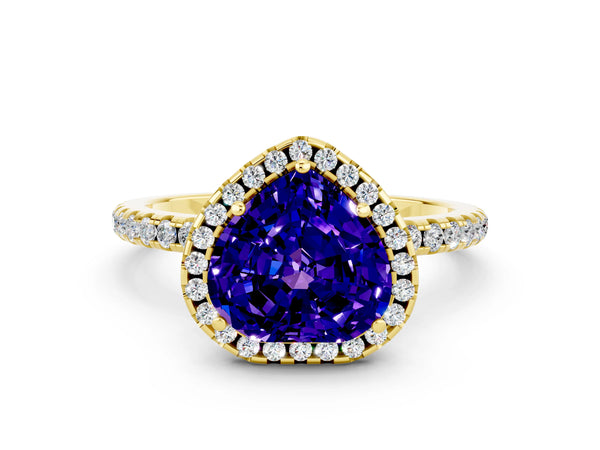 Yellow gold Heart Cut Tanzanite Halo Ring with Round Pavé Band and Prong Setting