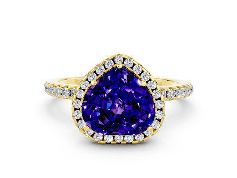 Yellow gold Heart Cut Halo Round Diamond Pavé Band Four-Prong Ring