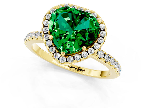 Yellow gold Heart Cut Emerald Halo Ring with Round Pavé Band and Prong Setting