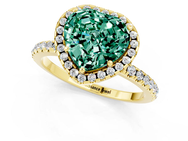 Yellow gold Heart Cut Green Sapphire Halo Ring with Round Pavé Band and Prong Setting