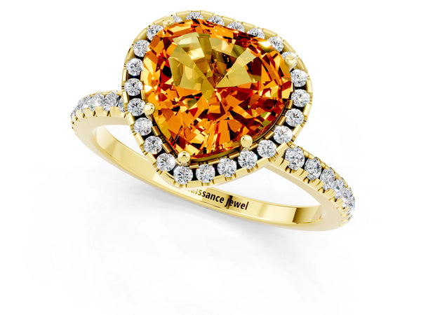Yellow gold Heart Cut Citrine Halo Ring with Round Pavé Band and Prong Setting