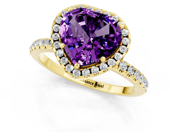 Yellow gold Heart Cut Amethyst Halo Ring with Round Pavé Band and Prong Setting