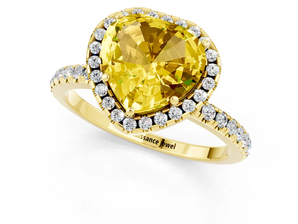 Yellow gold Heart Cut Yellow Sapphire Halo Ring with Round Pavé Band and Prong Setting