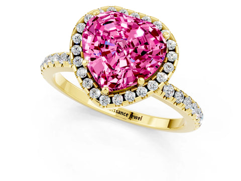 Yellow gold Heart Cut Halo Round Diamond Pavé Band Four-Prong Ring_1
