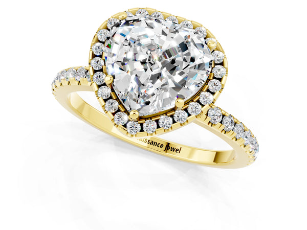 Yellow gold Heart Cut Moissanite Halo Ring with Round Pavé Band and Prong Setting