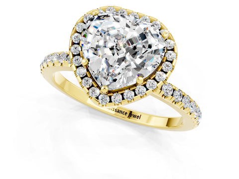 Yellow gold Heart Cut Halo Round Diamond Pavé Band Four-Prong Ring_1