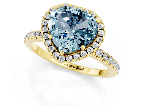 Yellow gold Heart Cut Halo Round Diamond Pavé Band Four-Prong Ring_1