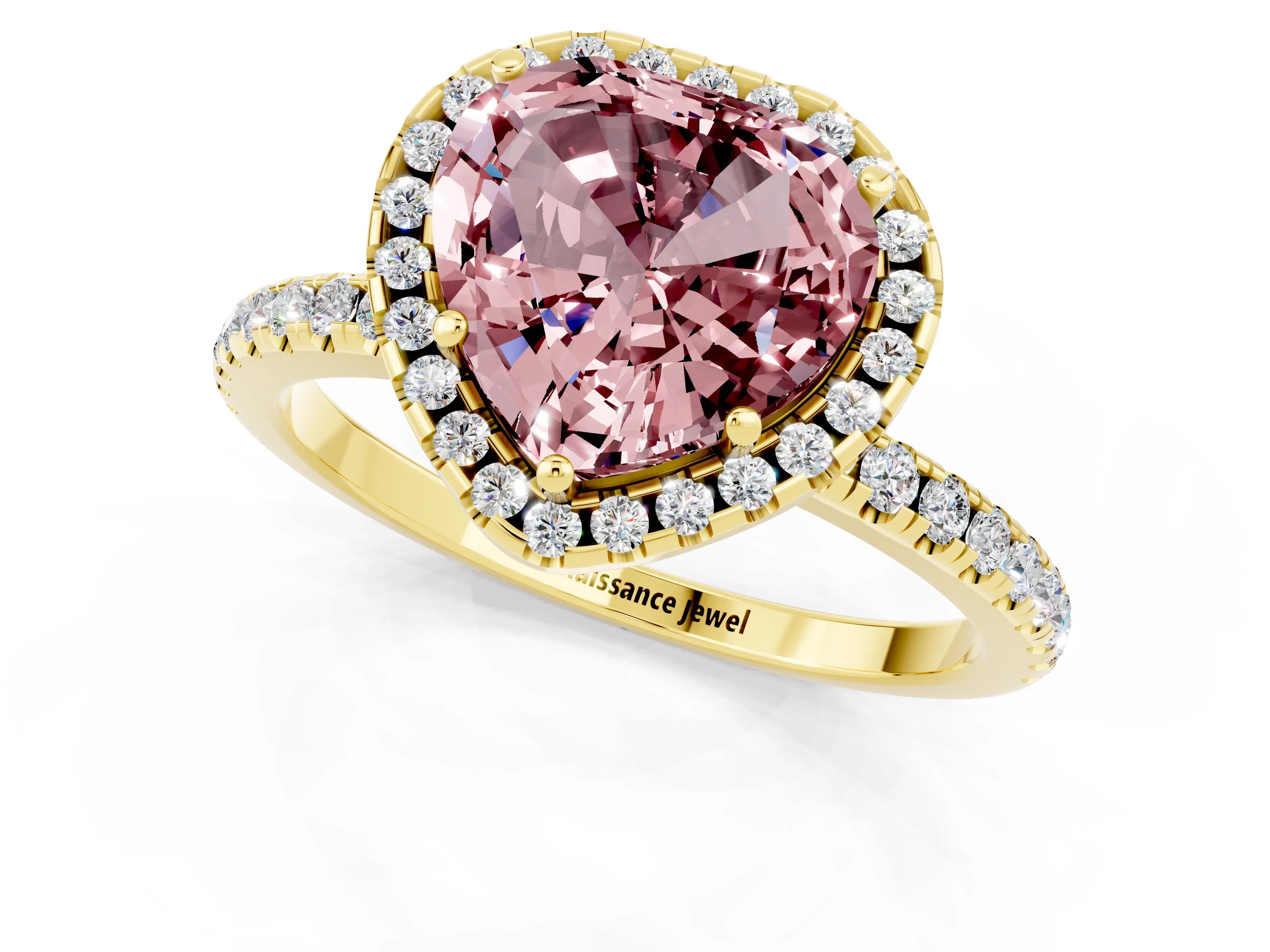 Yellow gold Heart Cut Halo Round Diamond Pavé Band Four-Prong Ring_1