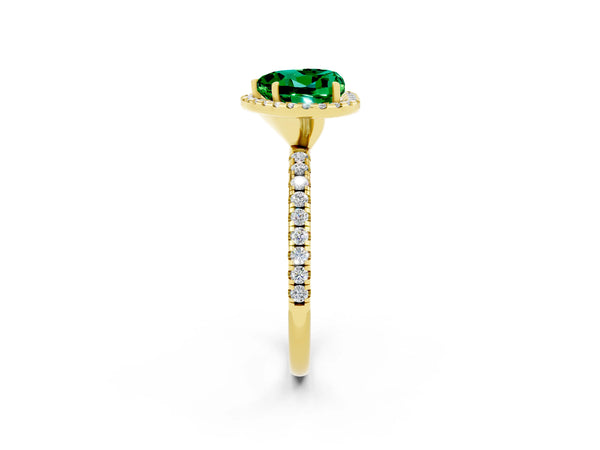 Yellow gold Heart Cut Emerald Halo Ring with Round Pavé Band and Prong Setting