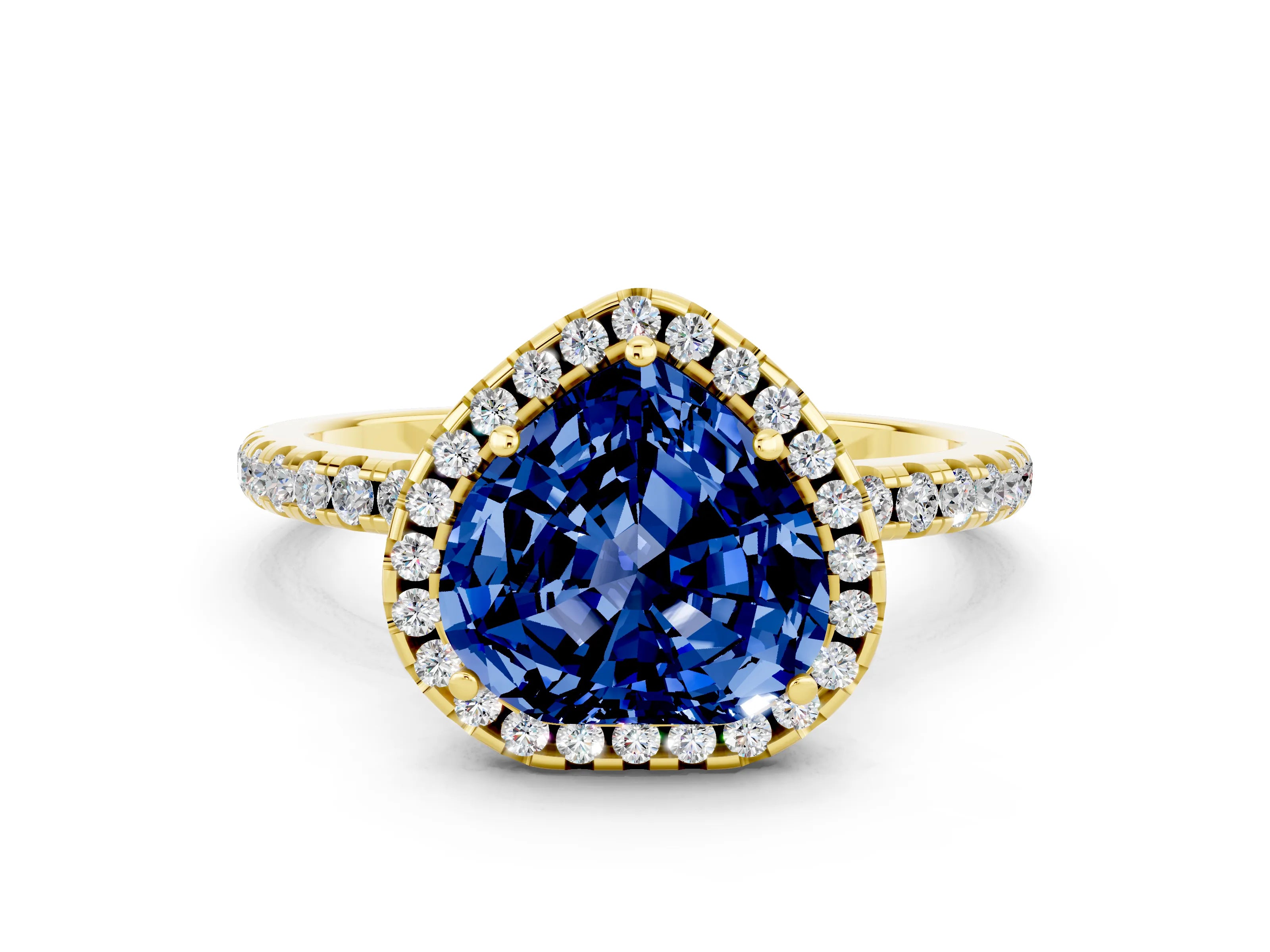 Yellow gold Heart Cut Halo Round Diamond Pavé Band Four-Prong Ring