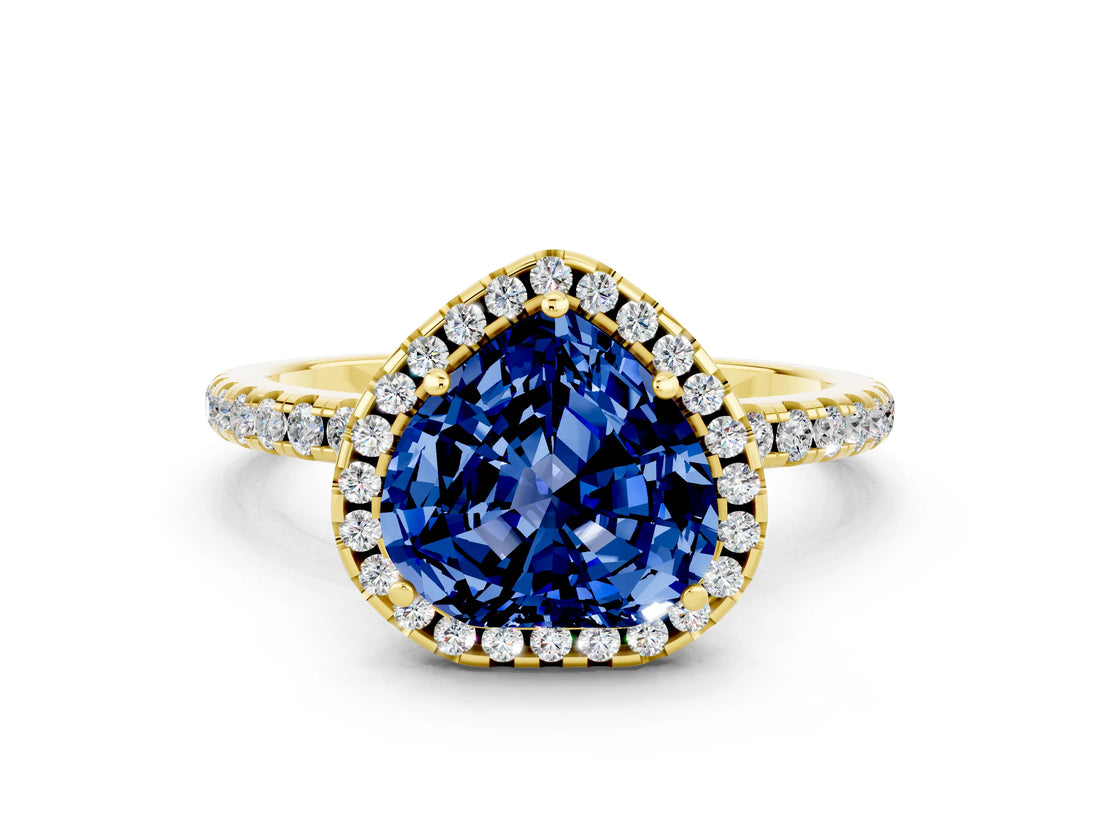 Yellow gold Heart Cut Halo Round Diamond Pavé Band Four-Prong Ring