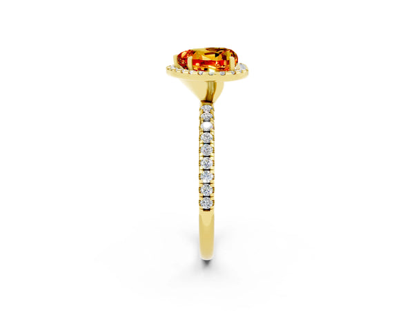 Yellow gold Heart Cut Citrine Halo Ring with Round Pavé Band and Prong Setting