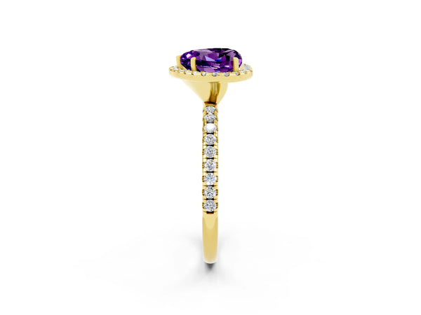 Yellow gold Heart Cut Amethyst Halo Ring with Round Pavé Band and Prong Setting