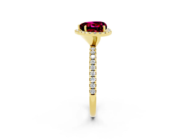 Yellow gold Heart Cut Garnet Halo Ring with Round Pavé Band and Prong Setting