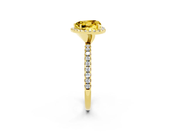 Yellow gold Heart Cut Yellow Sapphire Halo Ring with Round Pavé Band and Prong Setting