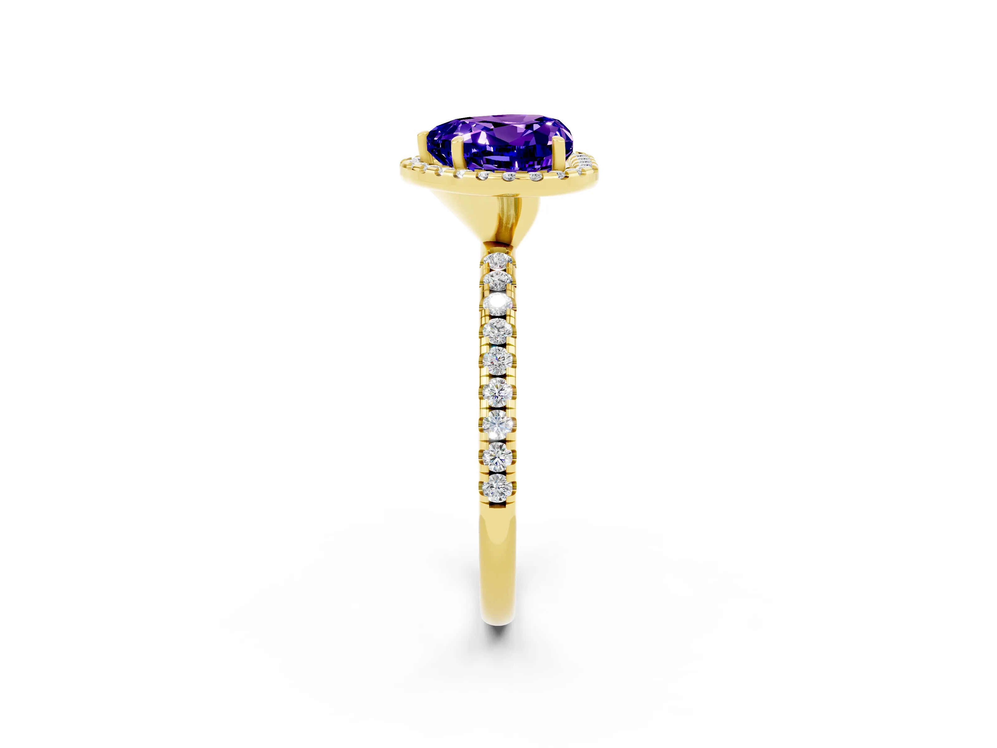 Yellow gold Heart Cut Halo Round Diamond Pavé Band Four-Prong Ring_2