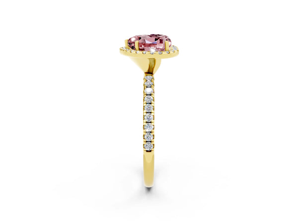 Yellow gold Heart Cut Halo Round Diamond Pavé Band Four-Prong Ring