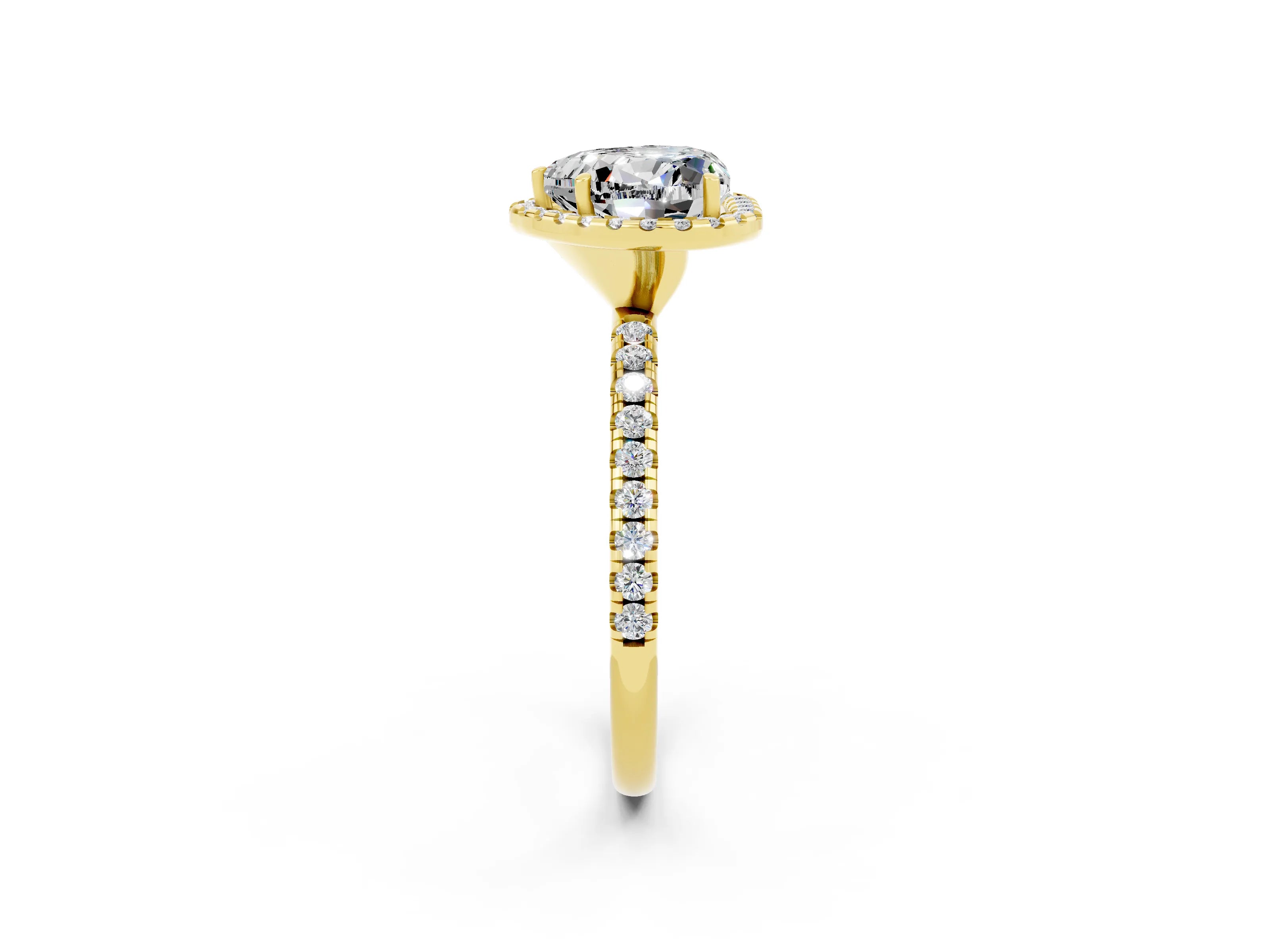 Yellow gold Heart Cut Halo Round Diamond Pavé Band Four-Prong Ring_2