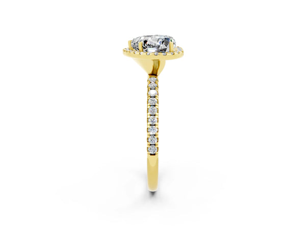 Yellow gold Heart Cut Moissanite Halo Ring with Round Pavé Band and Prong Setting