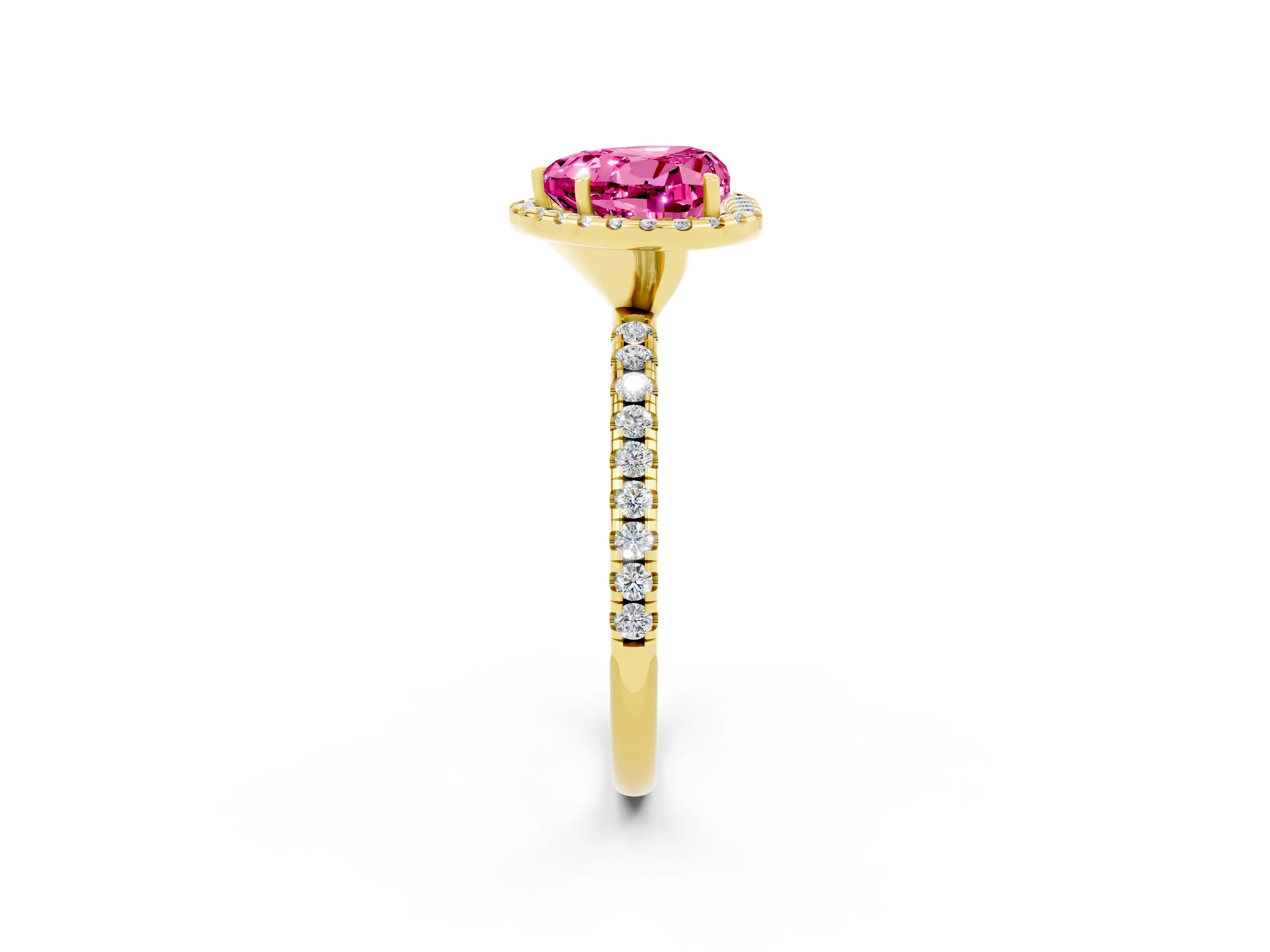 Yellow gold Heart Cut Halo Round Diamond Pavé Band Four-Prong Ring_2