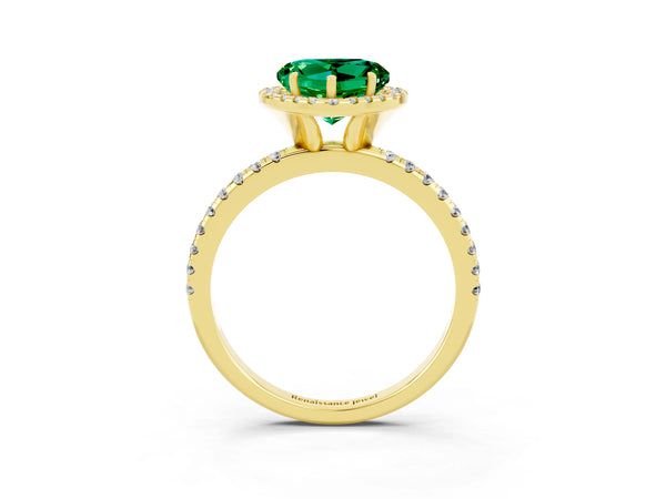 Yellow gold Heart Cut Emerald Halo Ring with Round Pavé Band and Prong Setting