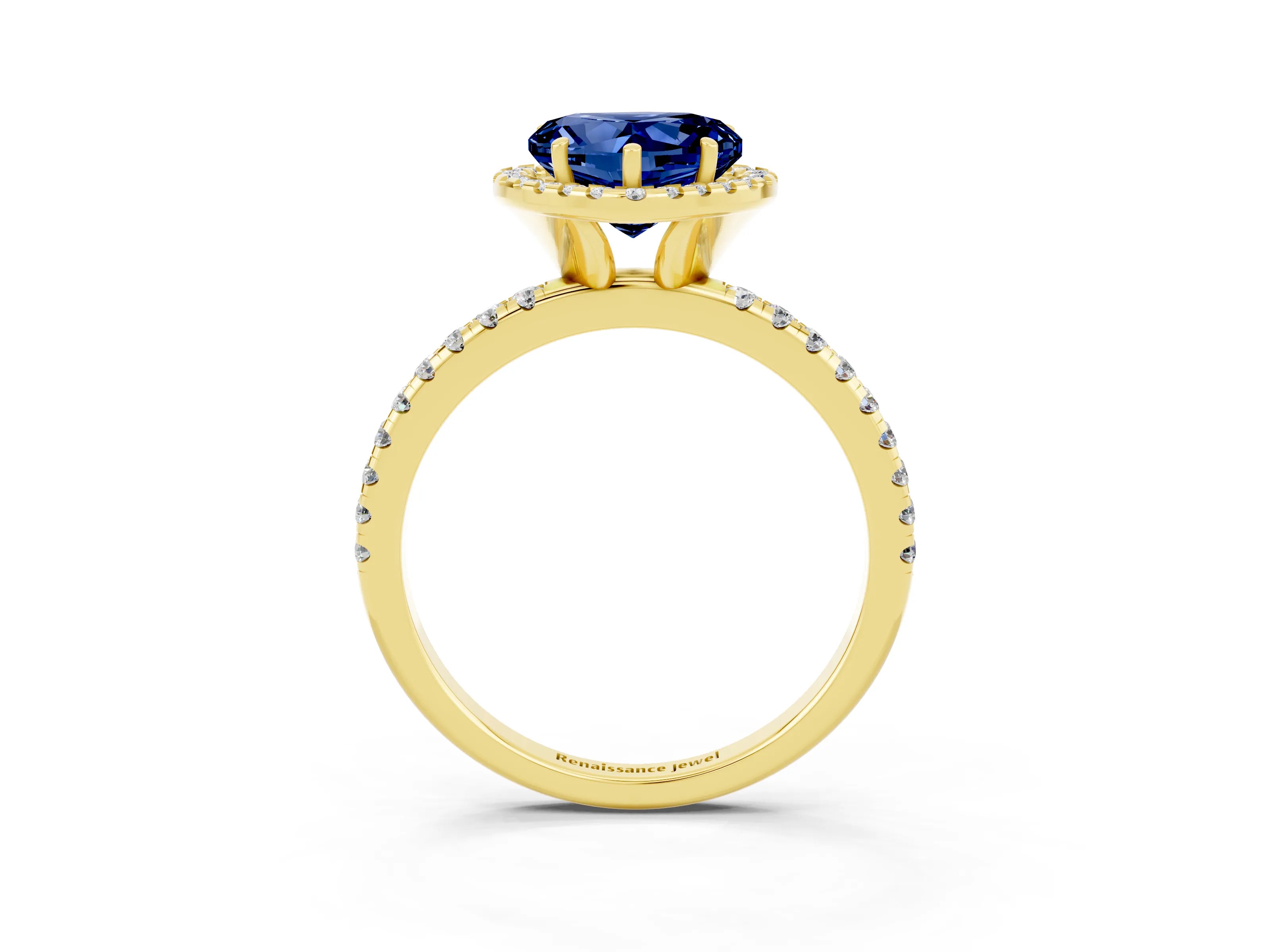 Yellow gold Heart Cut Halo Round Diamond Pavé Band Four-Prong Ring_3
