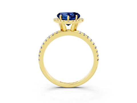 Yellow gold Heart Cut Halo Round Diamond Pavé Band Four-Prong Ring_3