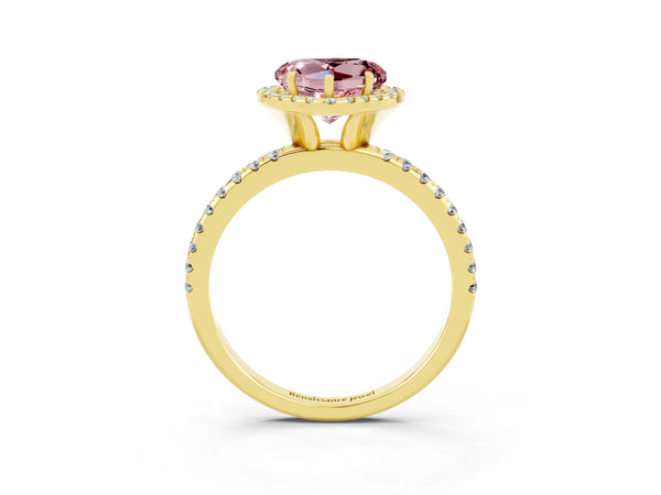 Yellow gold Heart Cut Halo Round Diamond Pavé Band Four-Prong Ring
