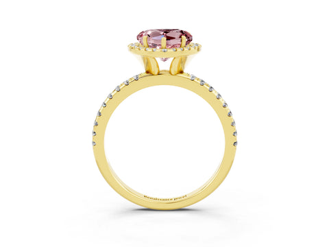 Yellow gold Heart Cut Halo Round Diamond Pavé Band Four-Prong Ring_3