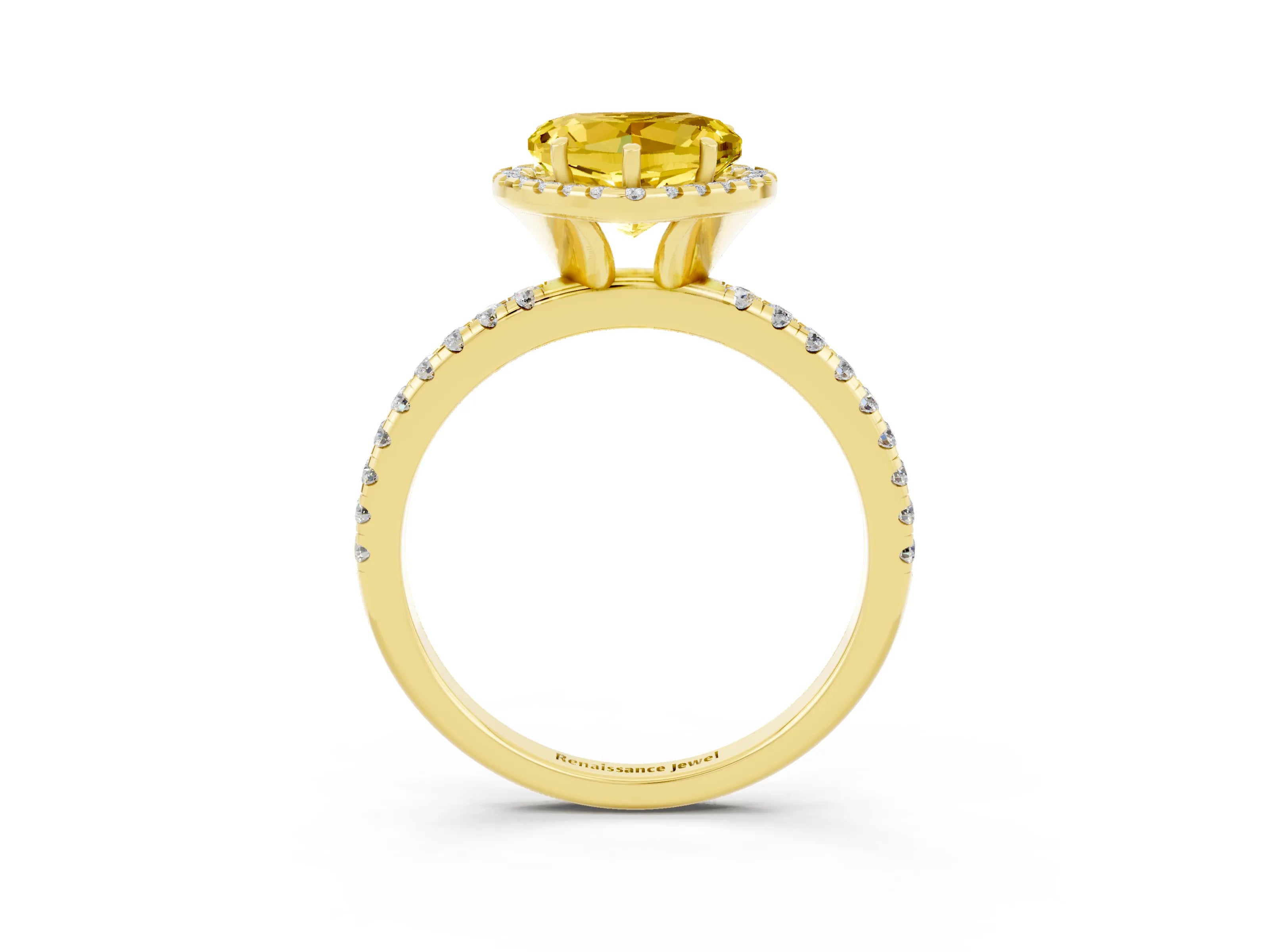 Yellow gold Heart Cut Halo Round Diamond Pavé Band Four-Prong Ring_3