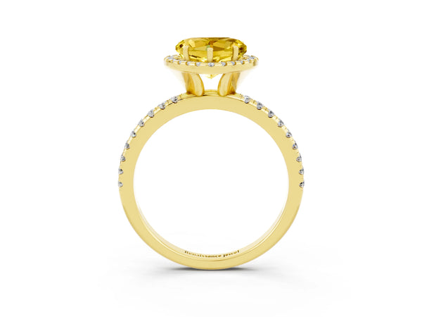 Yellow gold Heart Cut Yellow Sapphire Halo Ring with Round Pavé Band and Prong Setting