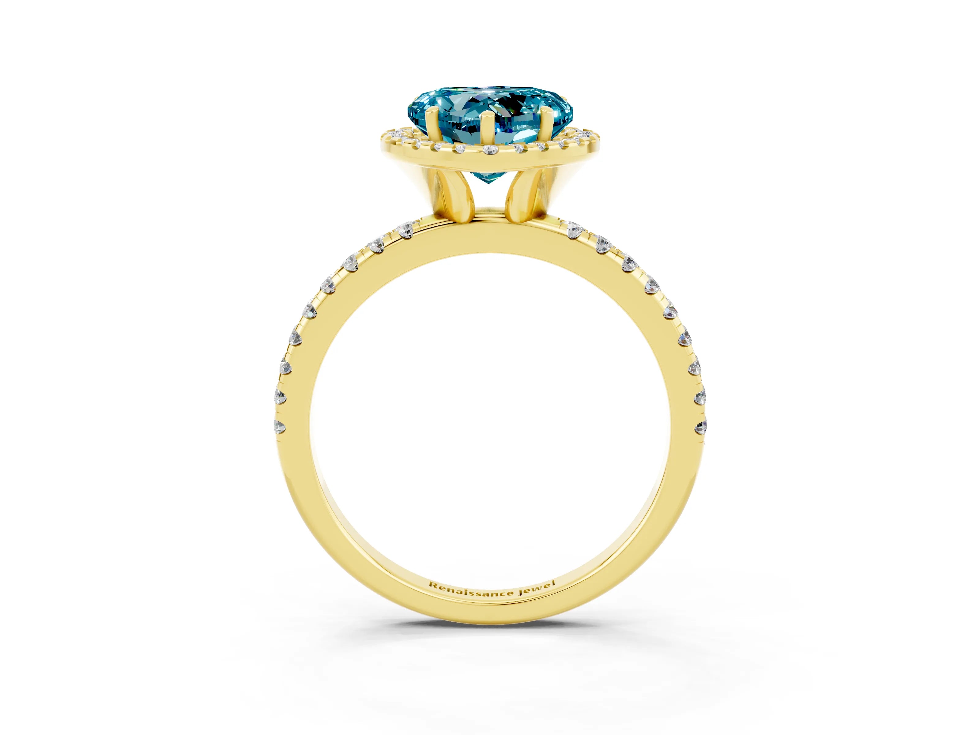 Yellow gold Heart Cut Halo Round Diamond Pavé Band Four-Prong Ring_3