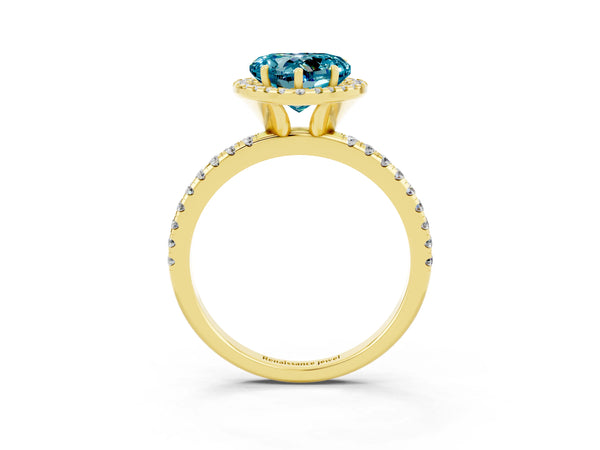 Yellow gold Heart Cut Halo Round Diamond Pavé Band Four-Prong Ring