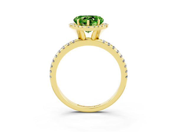 Yellow gold Heart Cut Halo Round Diamond Pavé Band Four-Prong Ring