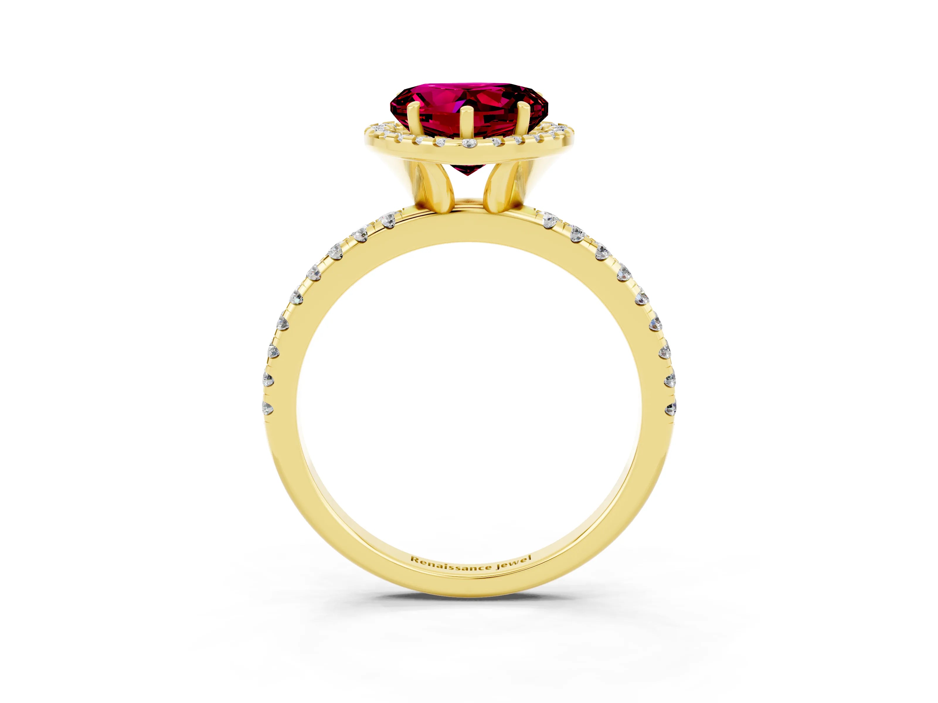 Yellow gold Heart Cut Halo Round Diamond Pavé Band Four-Prong Ring_3