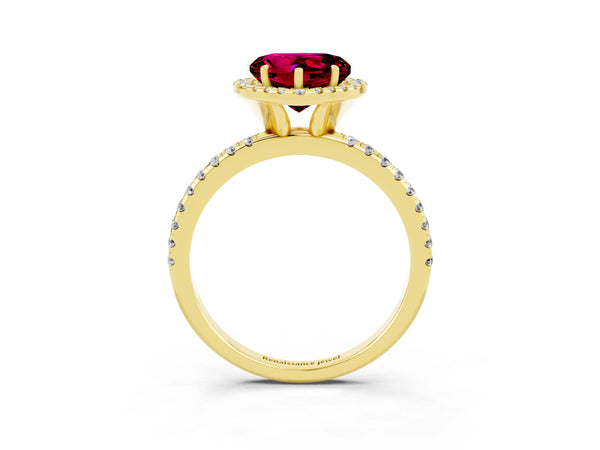 Yellow gold Heart Cut Garnet Halo Ring with Round Pavé Band and Prong Setting
