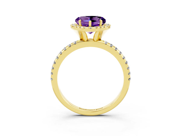 Yellow gold Heart Cut Amethyst Halo Ring with Round Pavé Band and Prong Setting