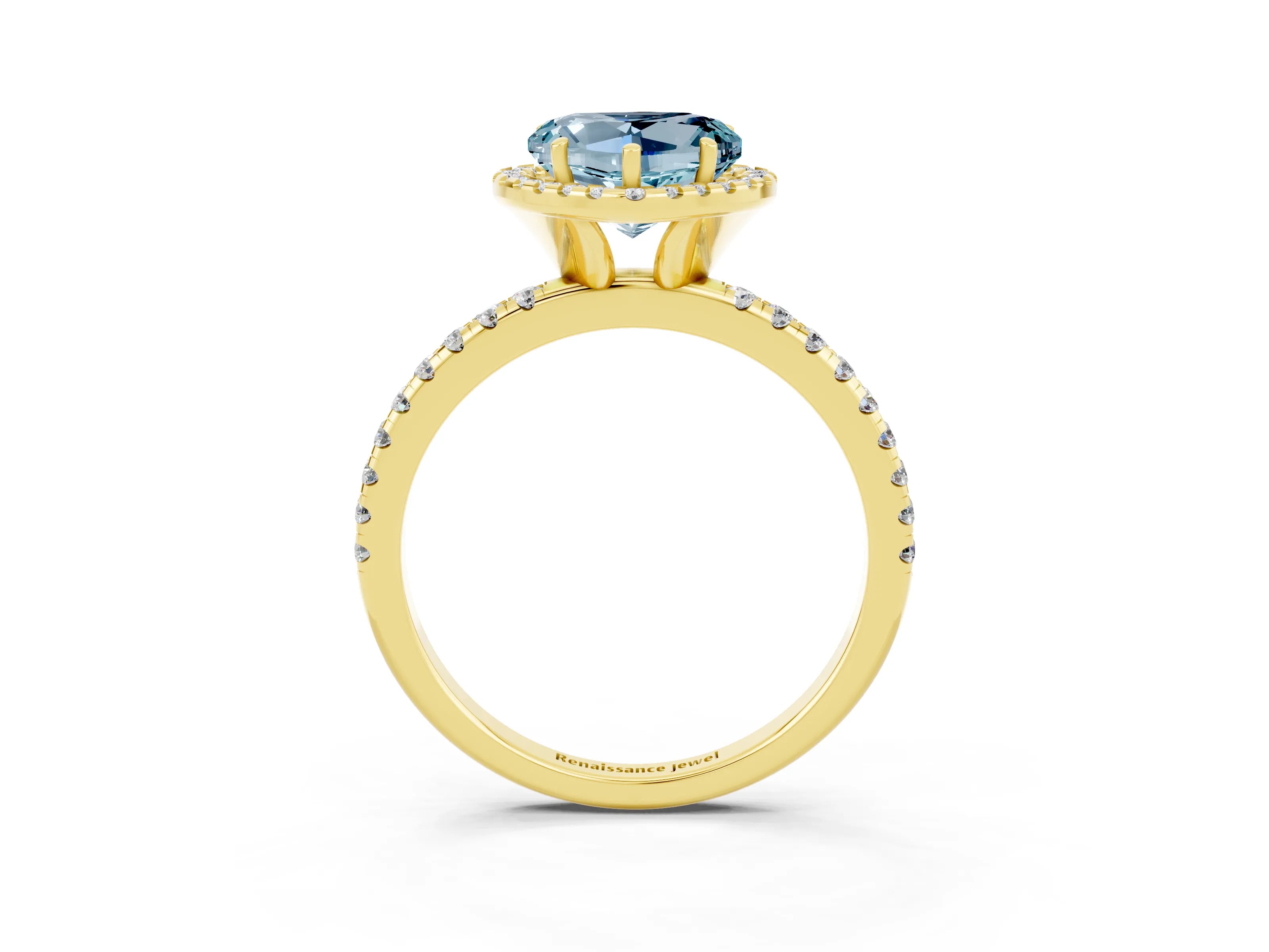 Yellow gold Heart Cut Halo Round Diamond Pavé Band Four-Prong Ring_3