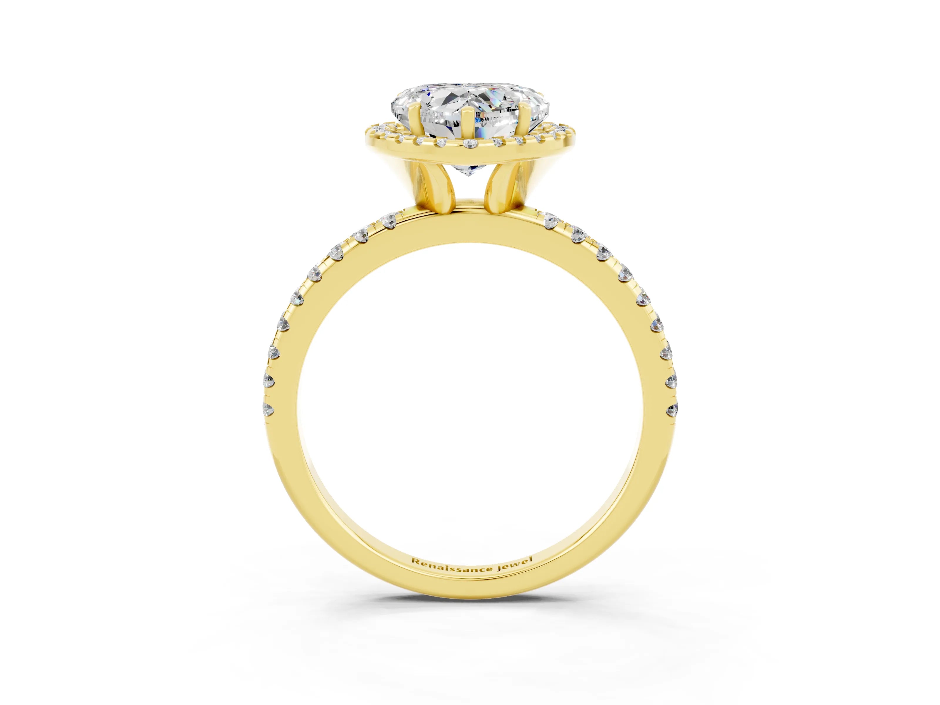 Yellow gold Heart Cut Halo Round Diamond Pavé Band Four-Prong Ring_3