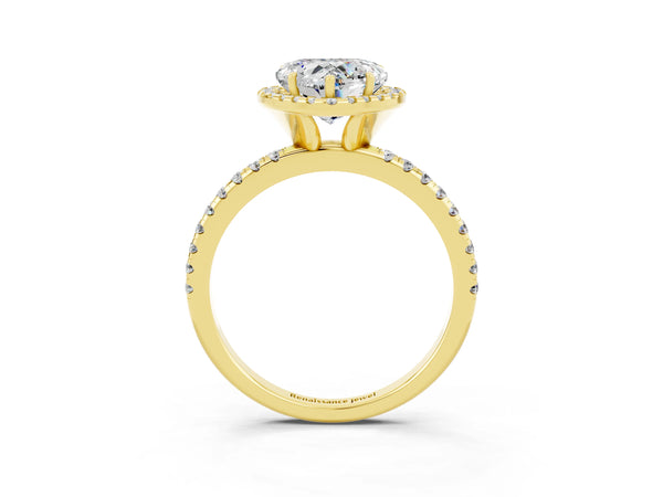 Yellow gold Heart Cut Moissanite Halo Ring with Round Pavé Band and Prong Setting