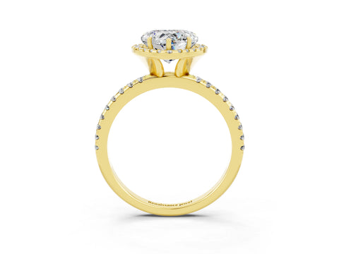 Yellow gold Heart Cut Halo Round Diamond Pavé Band Four-Prong Ring_3