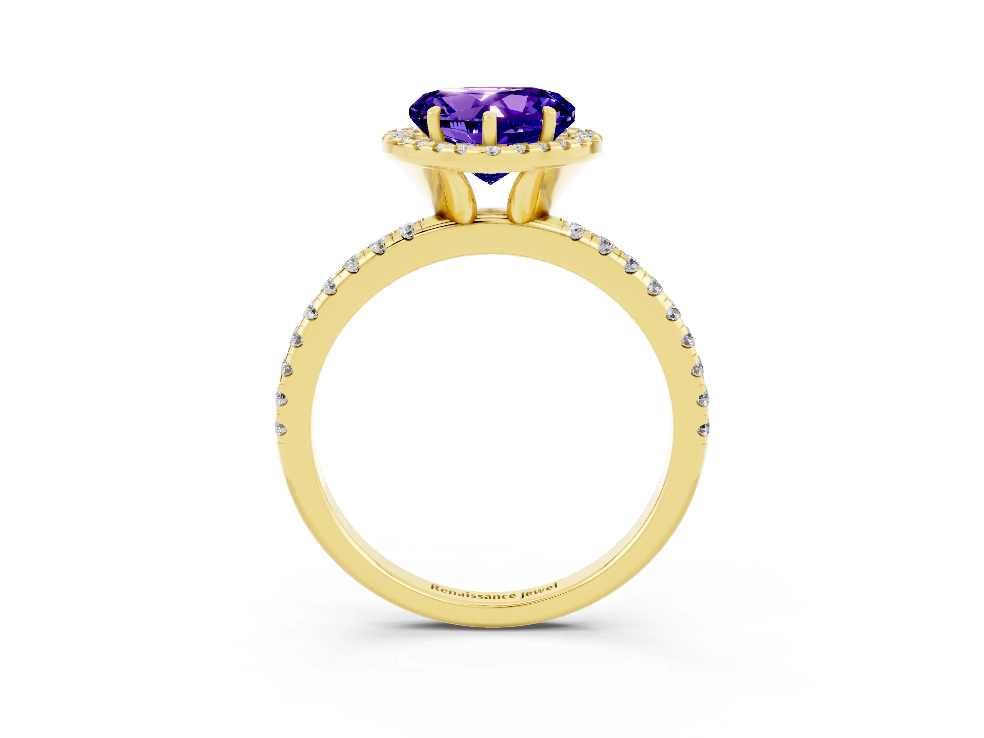 Yellow gold Heart Cut Halo Round Diamond Pavé Band Four-Prong Ring_3