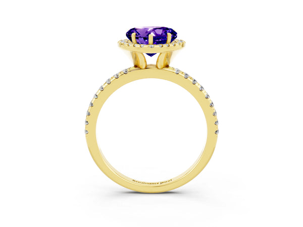 Yellow gold Heart Cut Tanzanite Halo Ring with Round Pavé Band and Prong Setting