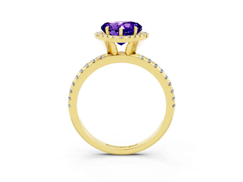 Yellow gold Heart Cut Halo Round Diamond Pavé Band Four-Prong Ring_3