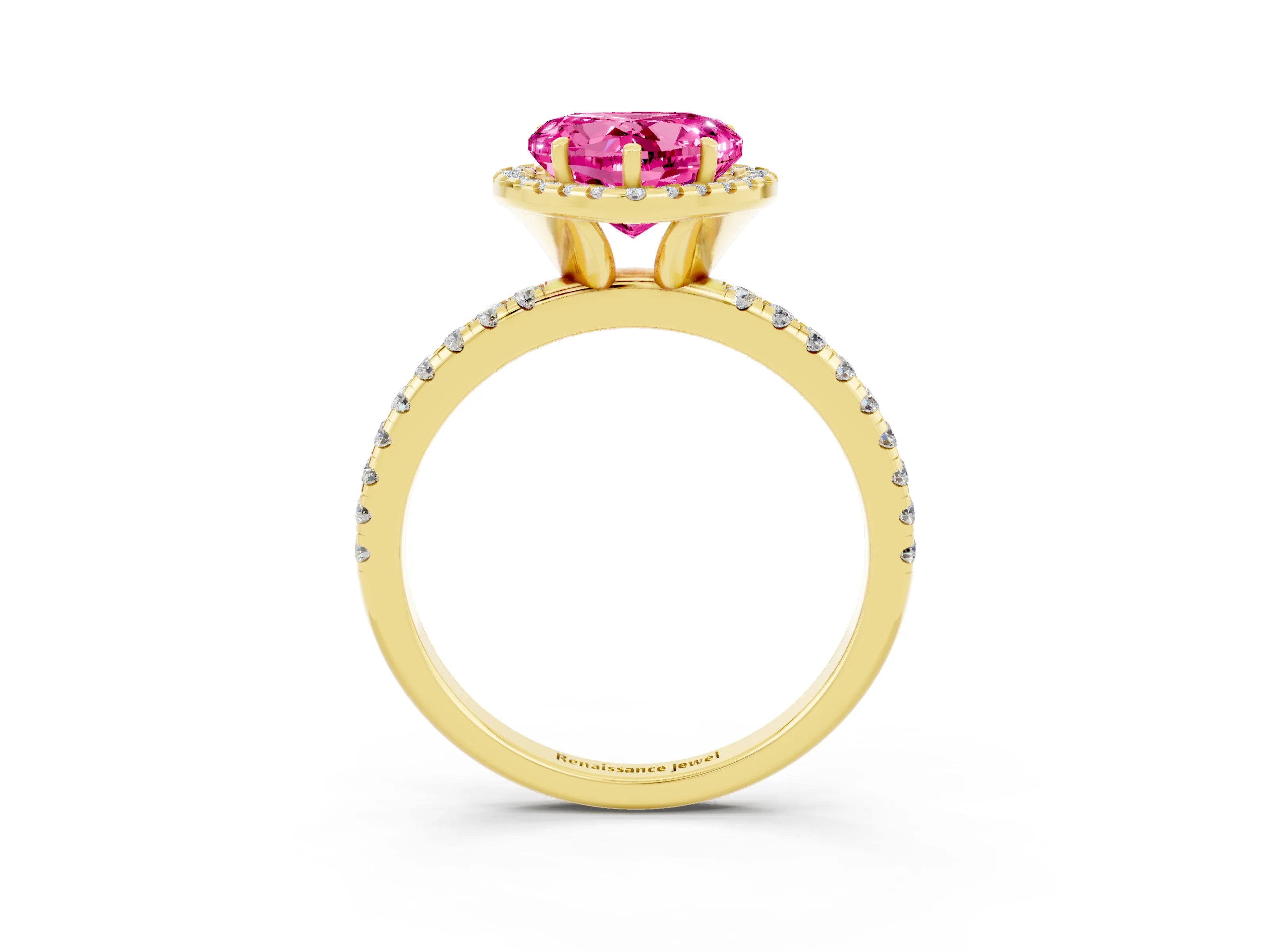 Yellow gold Heart Cut Halo Round Diamond Pavé Band Four-Prong Ring_3