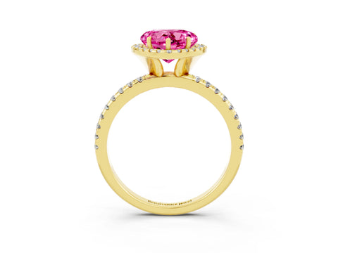 Yellow gold Heart Cut Halo Round Diamond Pavé Band Four-Prong Ring_3