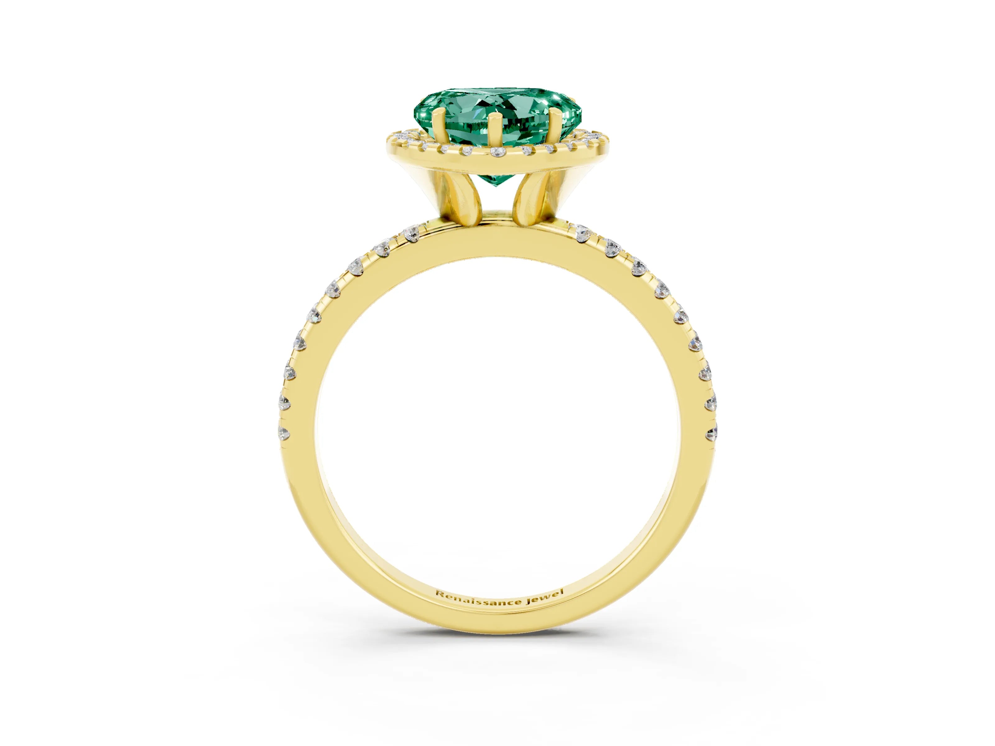 Yellow gold Heart Cut Halo Round Diamond Pavé Band Four-Prong Ring_3