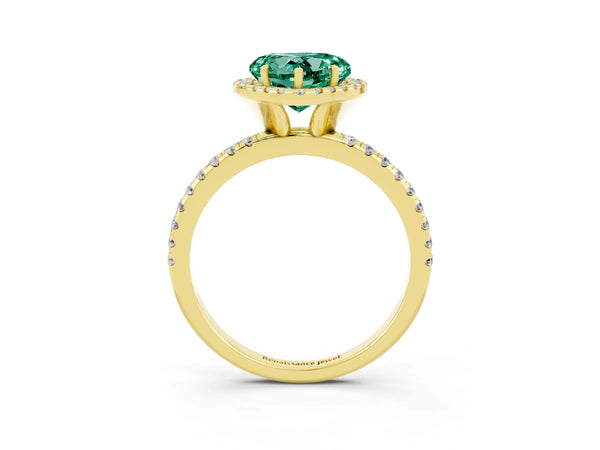 Yellow gold Heart Cut Green Sapphire Halo Ring with Round Pavé Band and Prong Setting